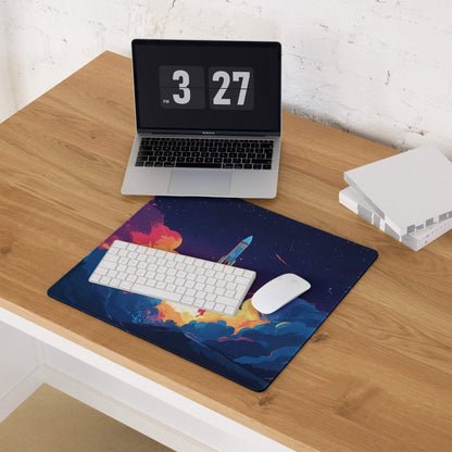 Vibrant rocket launch through nebulae on large edge-stitched gaming mouse pad