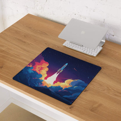 Vibrant night sky rocket launch gaming mouse pad with fiery clouds and stars