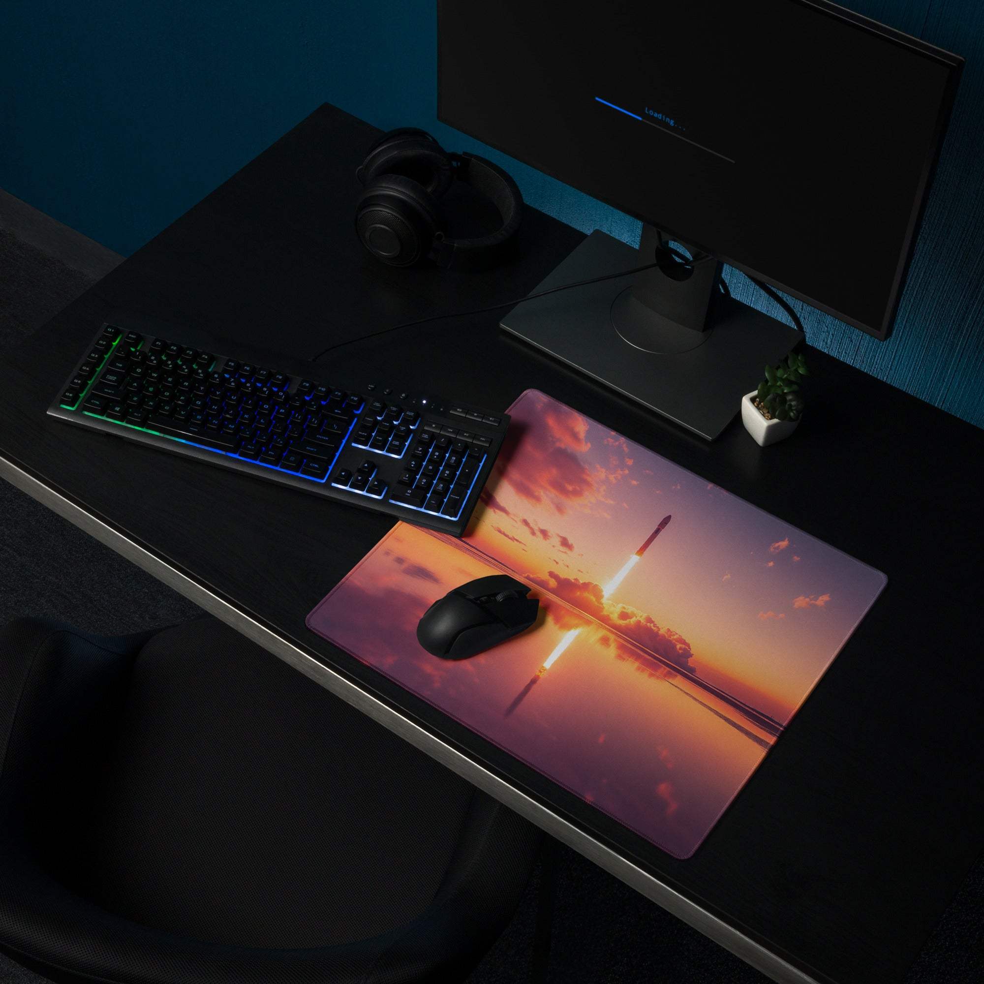 Epic Rocket Launch Sunset Gaming Mouse Pad with vibrant orange-pink hues