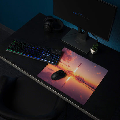 Epic Rocket Launch Sunset Gaming Mouse Pad with vibrant orange-pink hues