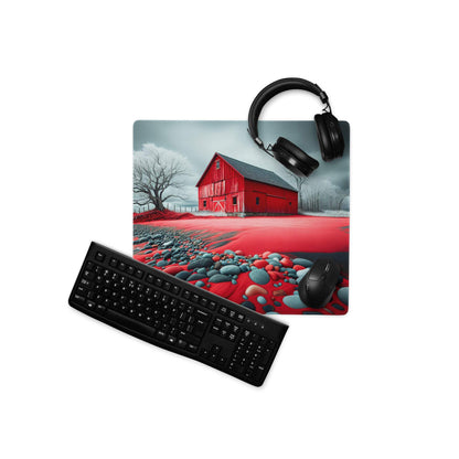 Red barn landscape gaming mouse pad large glossy non-slip stitched edges