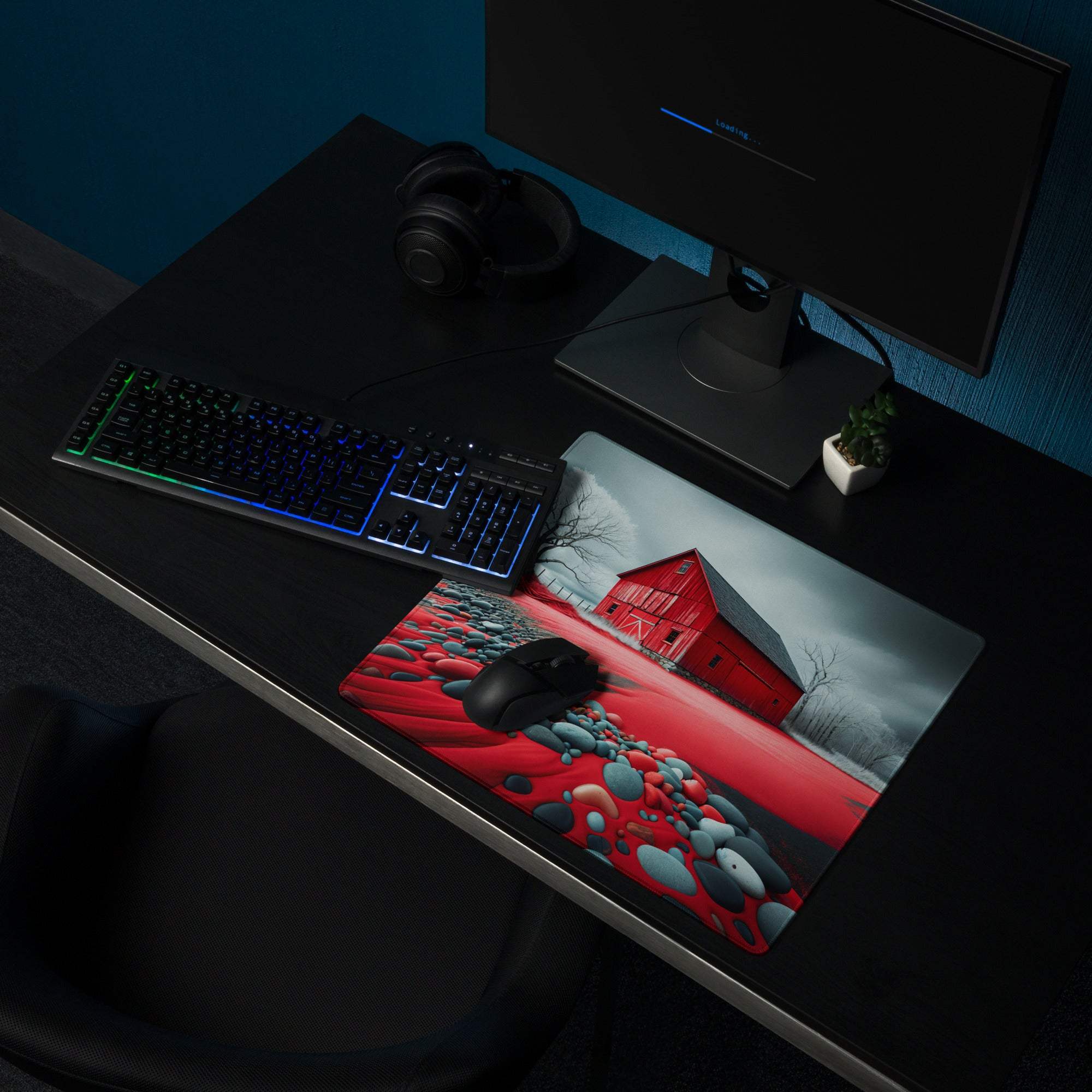 Red barn gaming mouse pad large size glossy vibrant artwork non-slip base