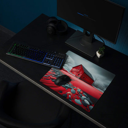 Red barn gaming mouse pad large size glossy vibrant artwork non-slip base