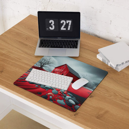 Red barn-themed large gaming mouse pad with landscape rocks trees cloudy sky