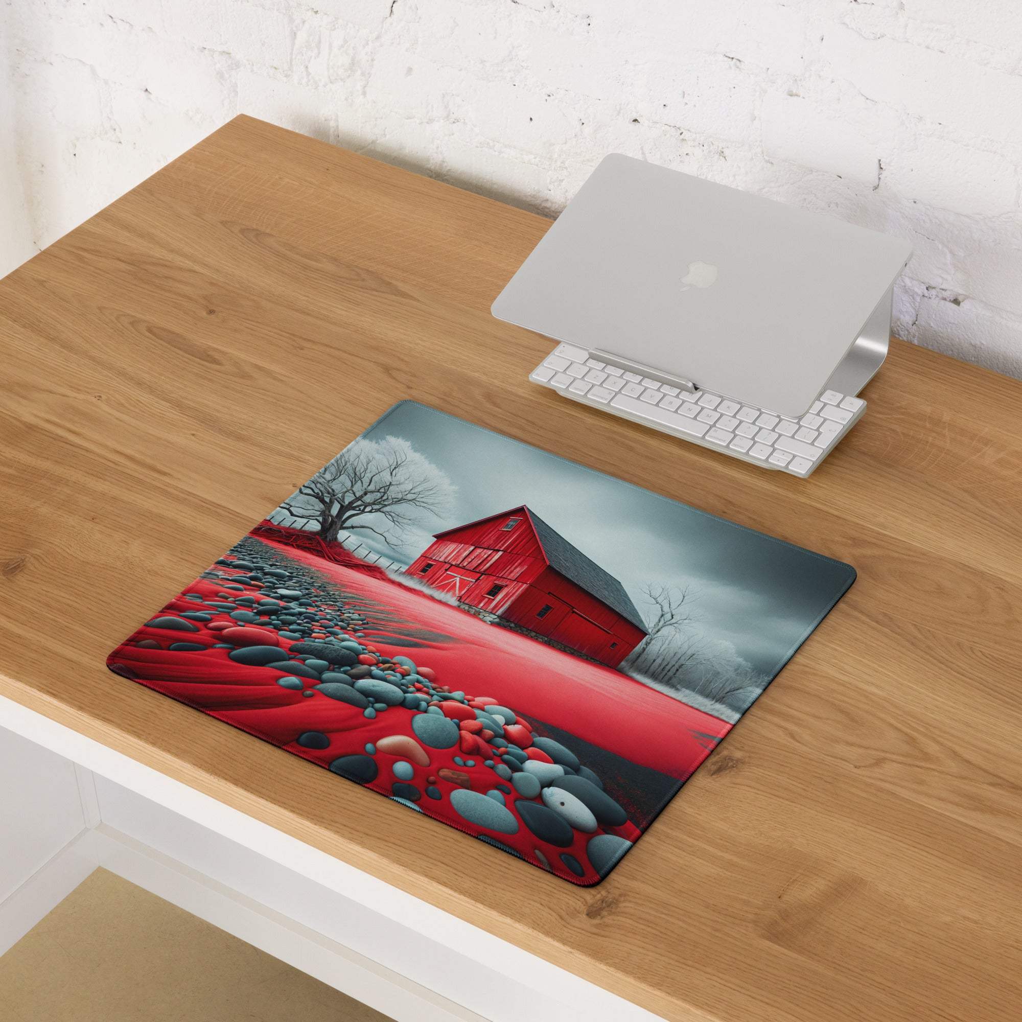 Large red barn gaming mouse pad with glowing surreal landscape, non-slip base