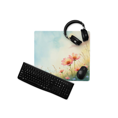 Pastel Meadow large gaming mouse pad with pink cosmos flowers and stitched edges