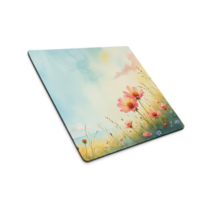Pastel Meadow large gaming mouse pad with pink cosmos watercolor design