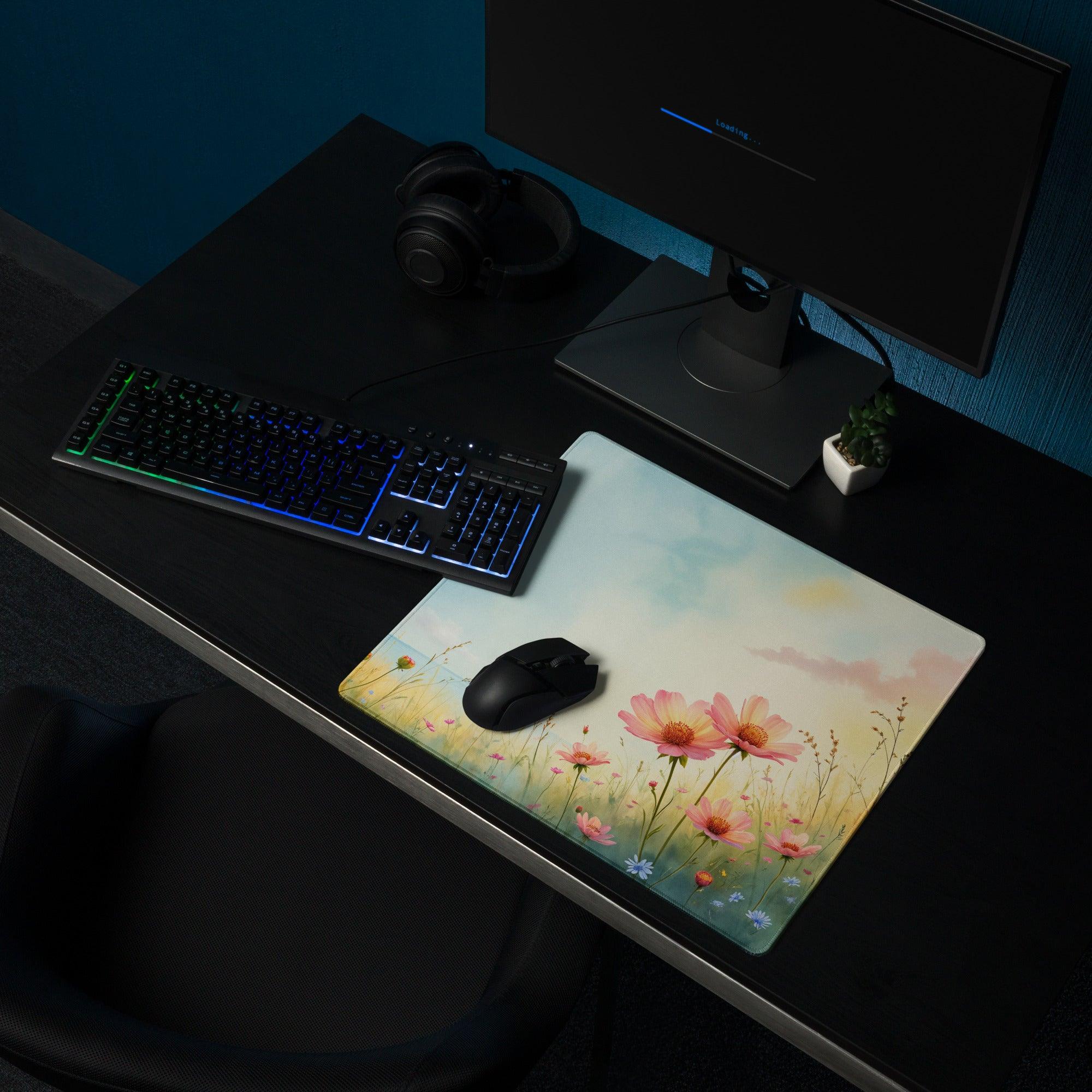 Pastel Meadow large gaming mouse pad with pink yellow watercolor flowers