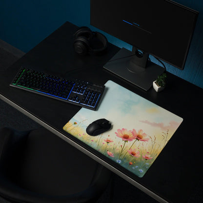 Pastel Meadow large gaming mouse pad with pink yellow watercolor flowers