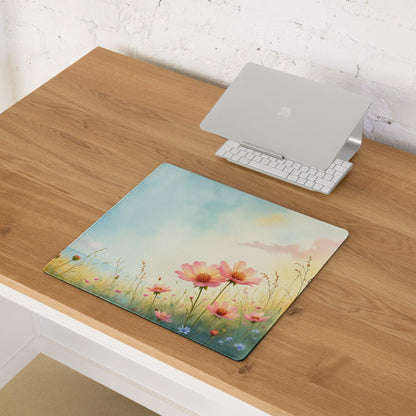 Pastel Meadow large gaming mouse pad with pink cosmos watercolor design