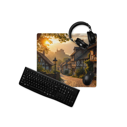 Black matte finish keyboard on cinematic sunset village gaming mouse pad