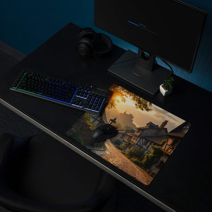 Large extended non-slip gaming mousepad with cinematic sunset village scene in warm golden hour tones