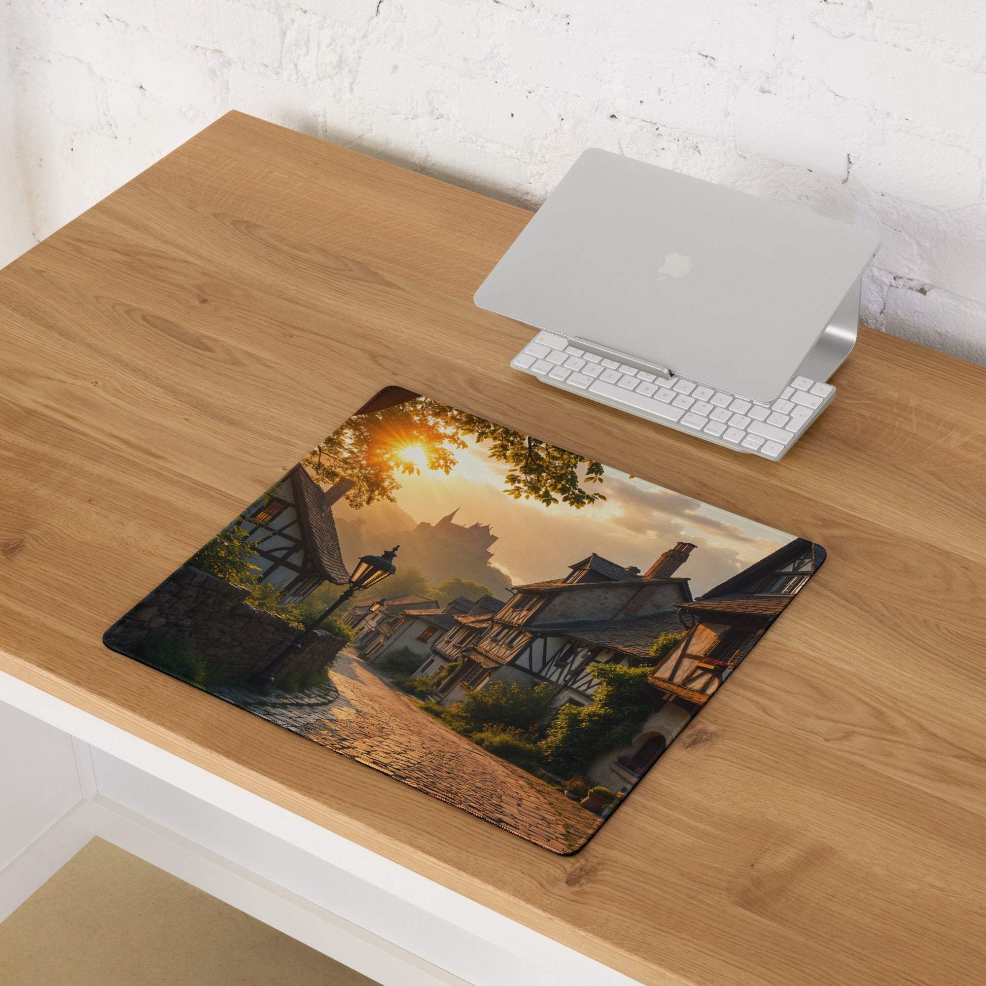 Cinematic sunset village large gaming mouse pad with golden hour scene