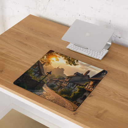 Cinematic sunset village large gaming mouse pad with golden hour scene