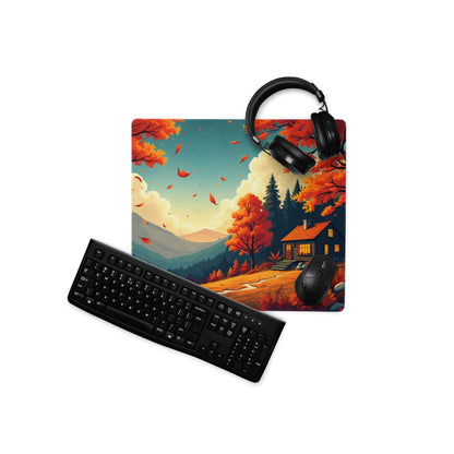 Black matte keyboard diagonally on white surface by Autumn Forest mouse pad