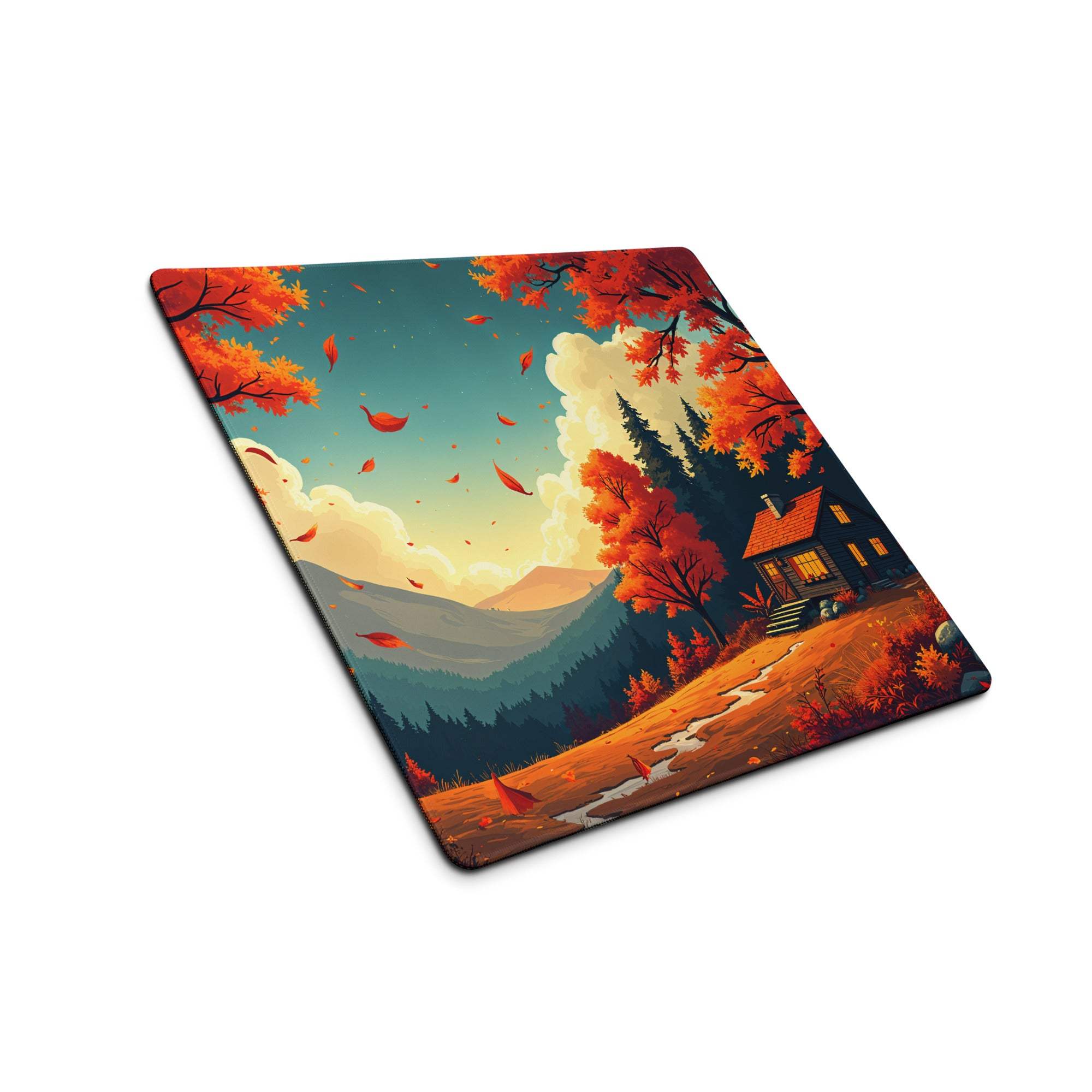 Autumn forest gaming mouse pad with cozy reds, leaves, cabin, non-slip backing