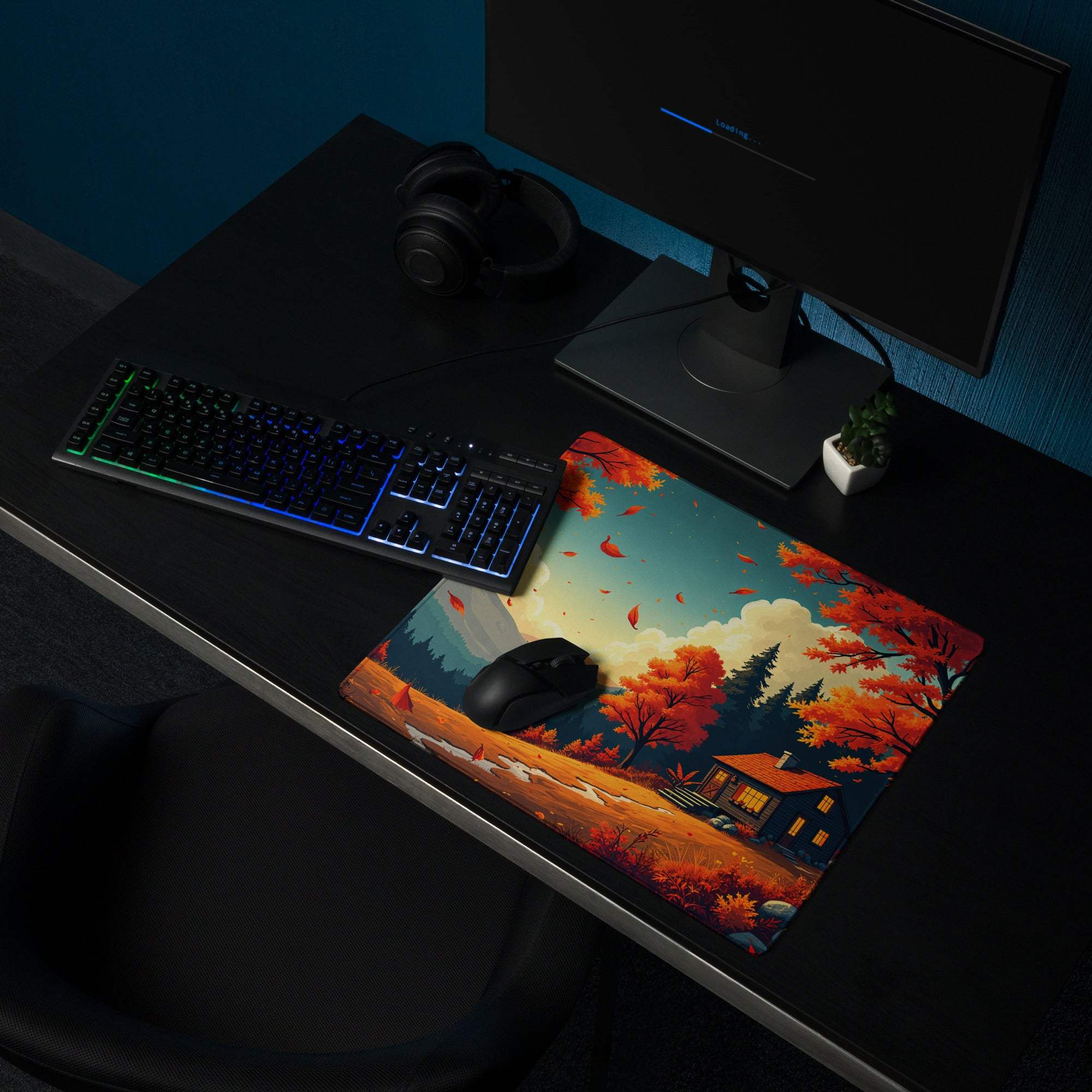 Autumn forest gaming mouse pad with cozy reds, leaves, cabin, non-slip backing