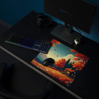 Autumn forest gaming mouse pad with cozy reds, leaves, cabin, non-slip backing