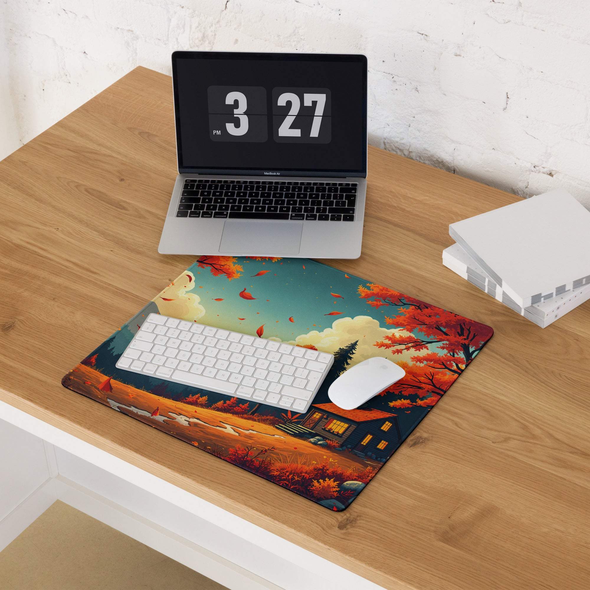 Autumn forest gaming mouse pad with falling leaves, cozy cabin, non-slip backing