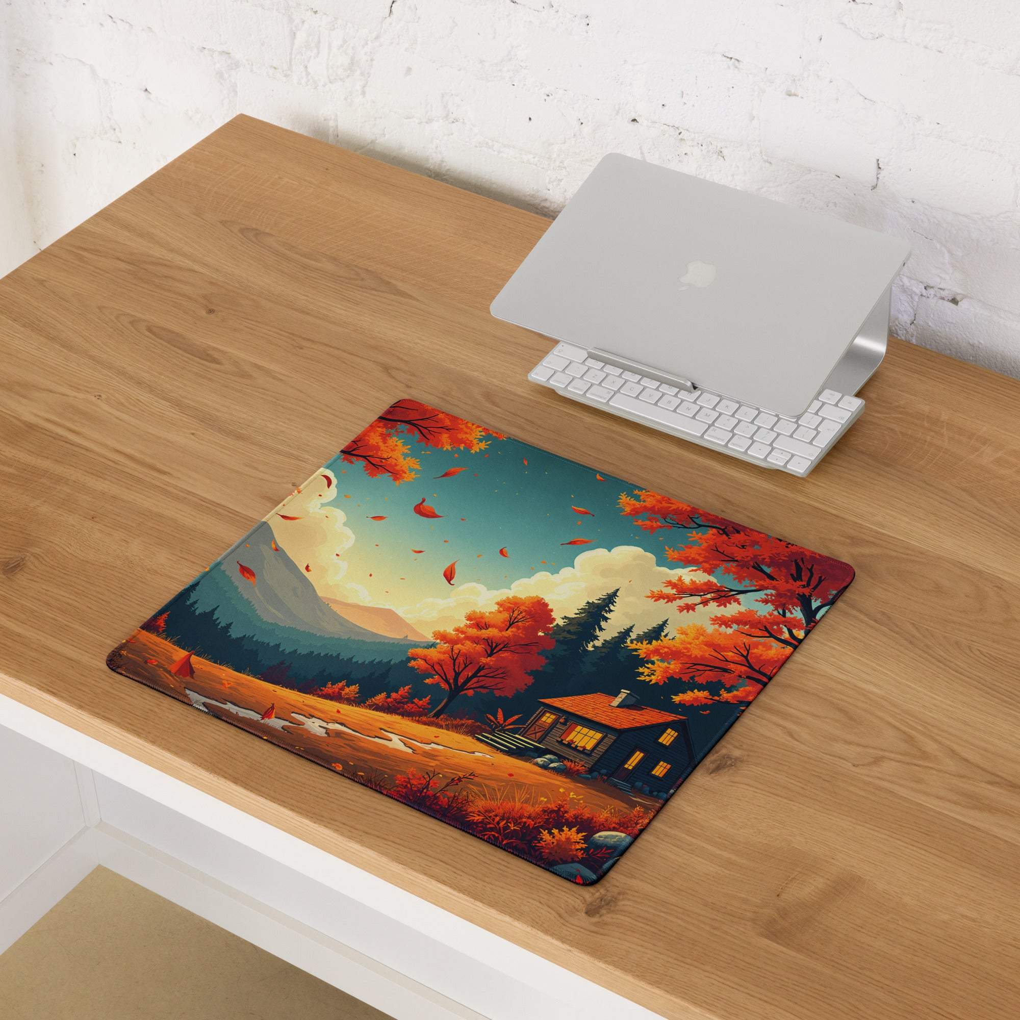 Autumn forest gaming mouse pad with cozy reds, cabin, non-slip backing