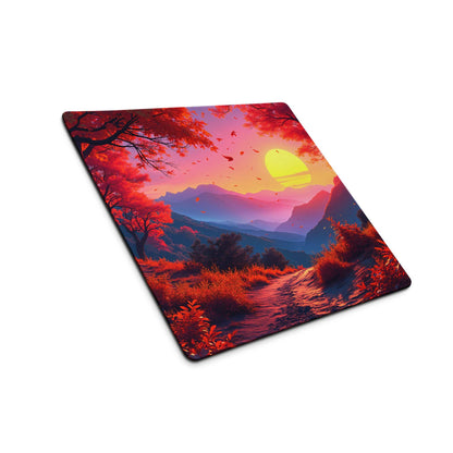 Vibrant sunset forest gaming mouse pad with mountain landscape, non-slip backing
