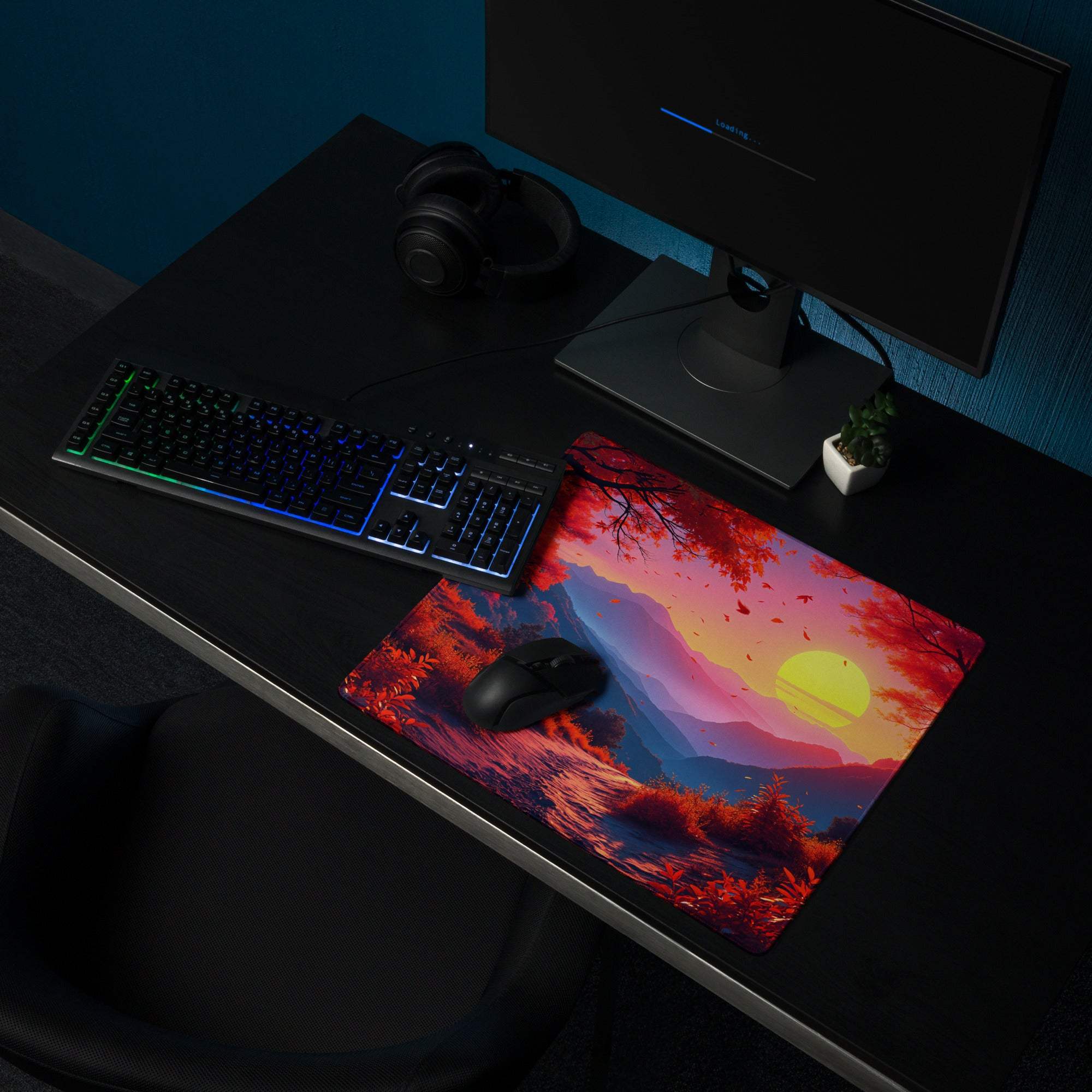 Vibrant sunset forest gaming mouse pad with red orange trees mountains and non-slip backing