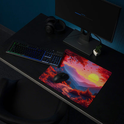 Vibrant sunset forest gaming mouse pad with red orange trees mountains and non-slip backing