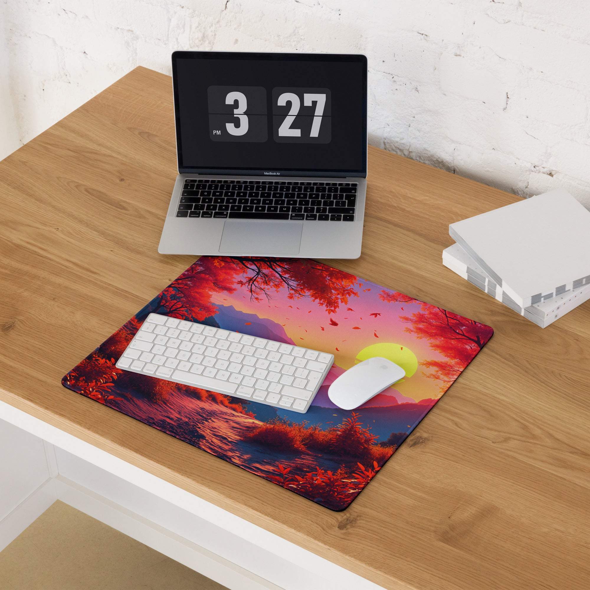 Vibrant sunset forest gaming mouse pad with large size, non-slip backing, trees, mountains