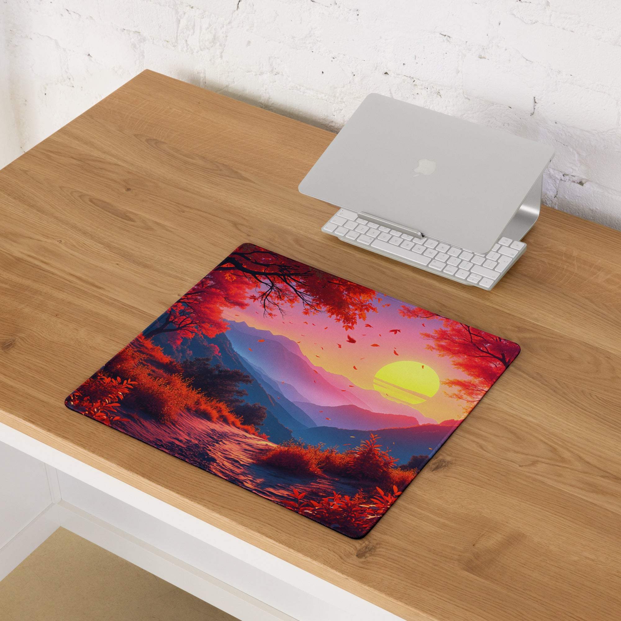 Vibrant sunset forest gaming mouse pad with red trees, purple mountains, non-slip backing