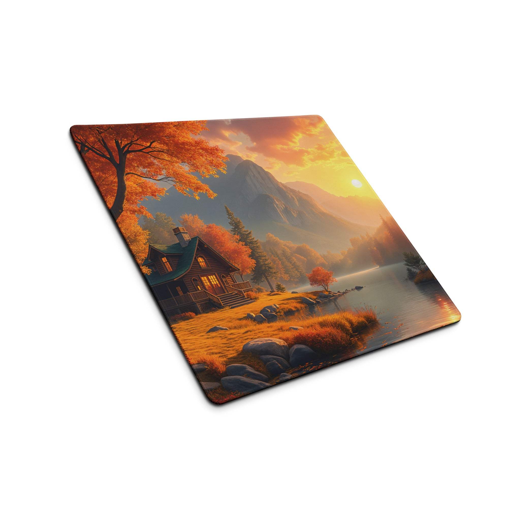 Large autumn landscape gaming mouse pad with cabin, lake, sunset, non-slip backing