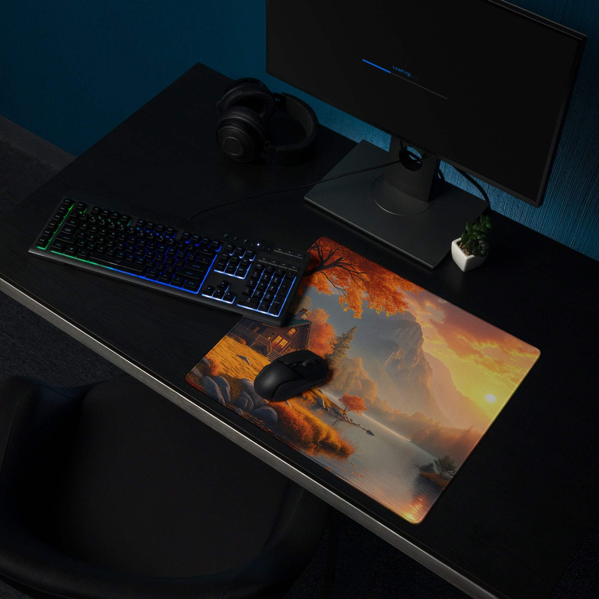 Large Autumn Landscape Gaming Mouse Pad with Sunset, Non-Slip Backing
