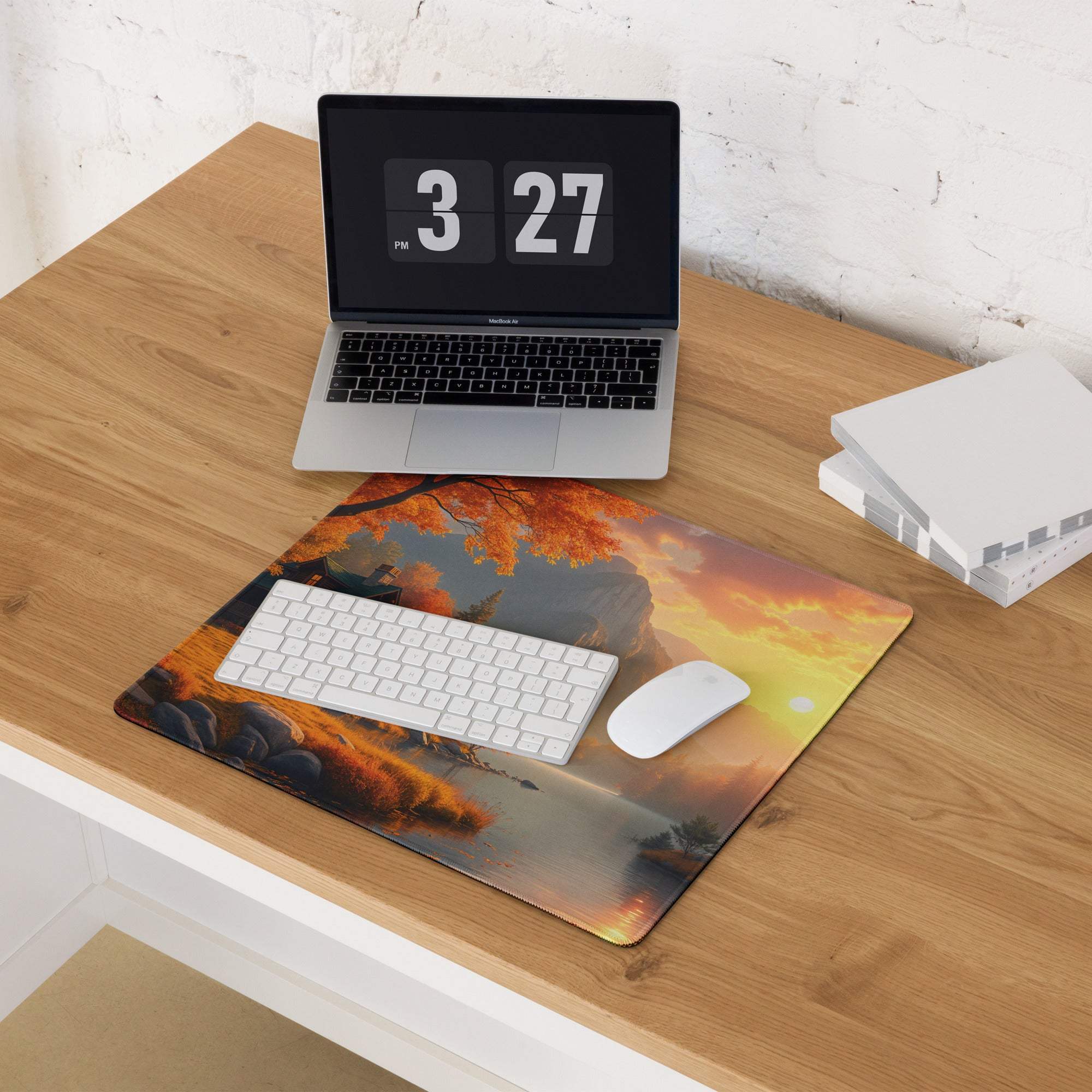 Large Autumn Landscape Gaming Mouse Pad with Sunset Leaves and Non-Slip Back