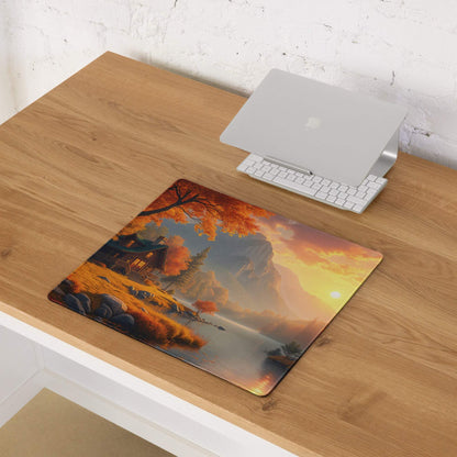 Large autumn landscape gaming mouse pad with non-slip backing, warm sunset cabin view