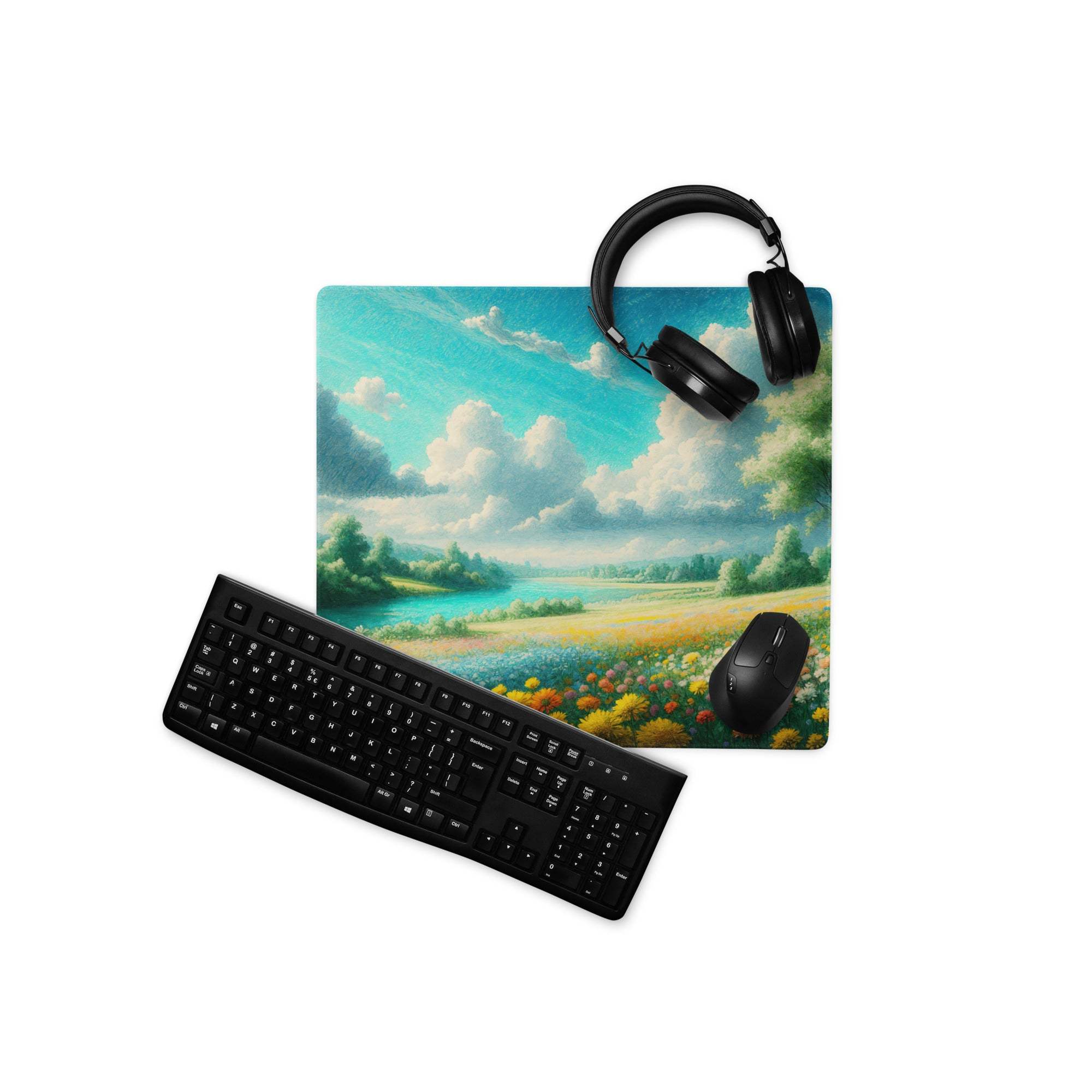 Impressionist landscape gaming mouse pad with wildflowers and sky