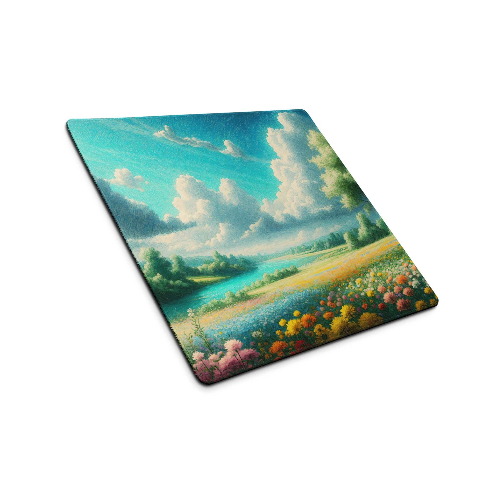 Impressionist landscape gaming mouse pad with turquoise sky, river, wildflowers