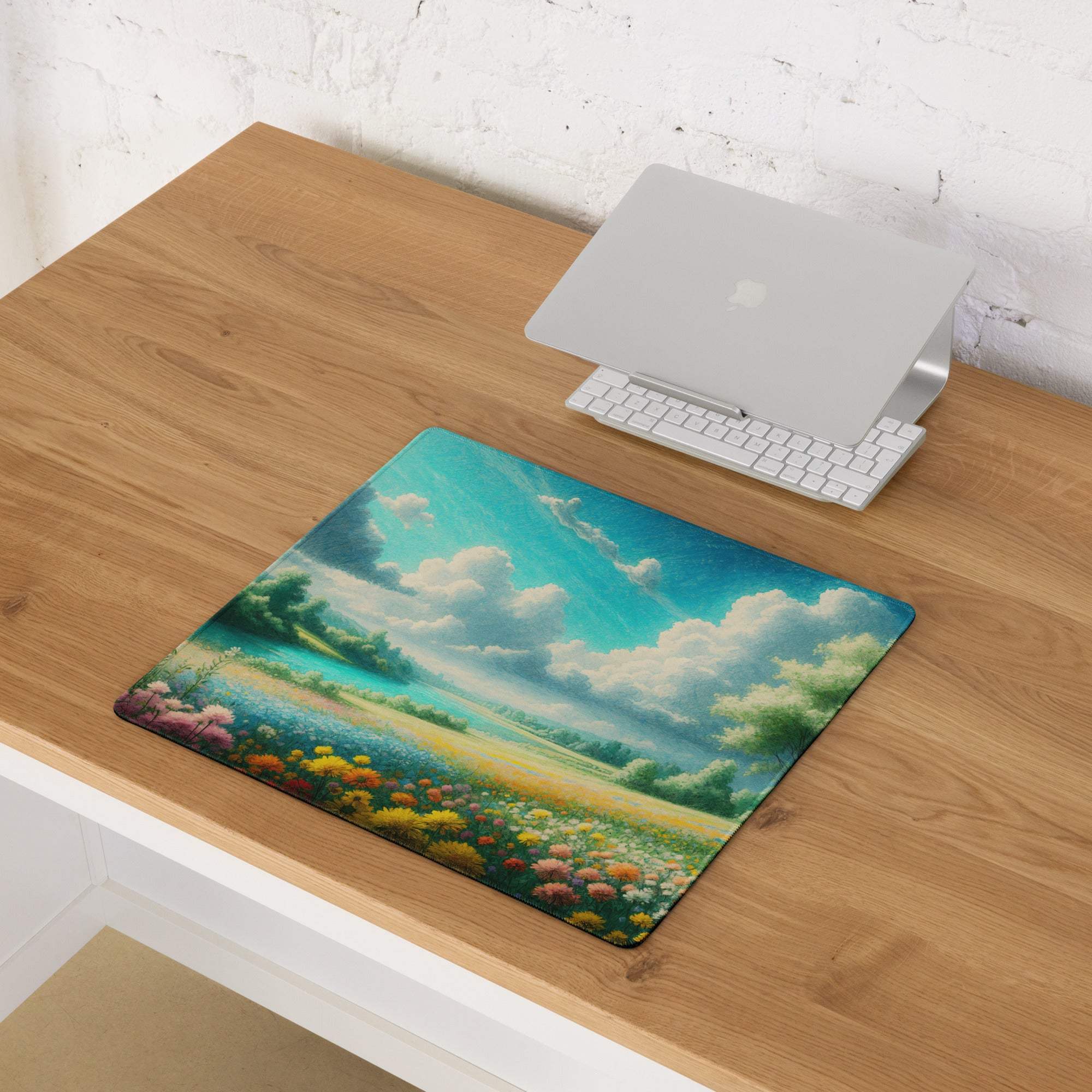 Impressionist landscape gaming mouse pad with colorful wildflower field and sky