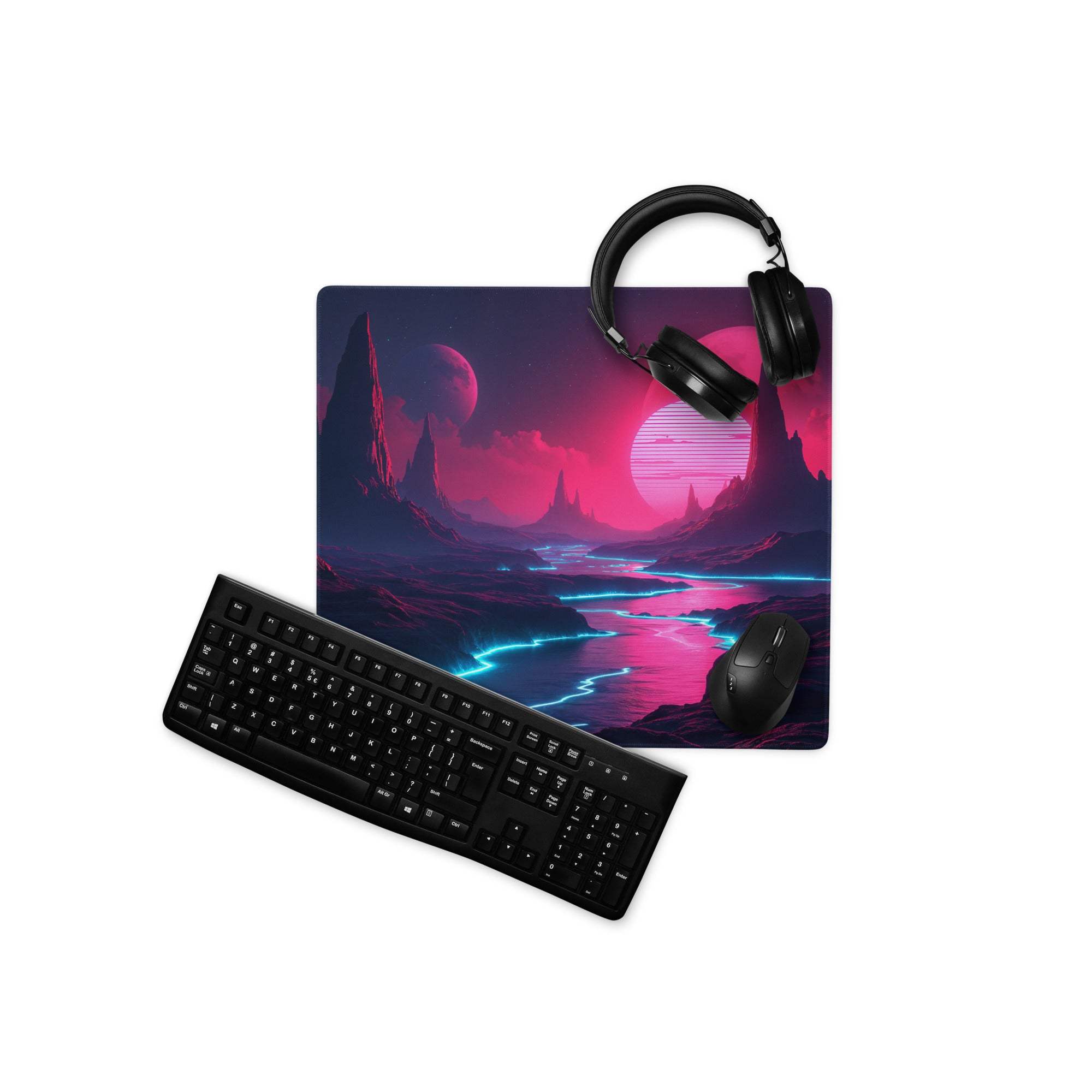 Vibrant neon pink purple sci-fi landscape gaming mousepad with headphones