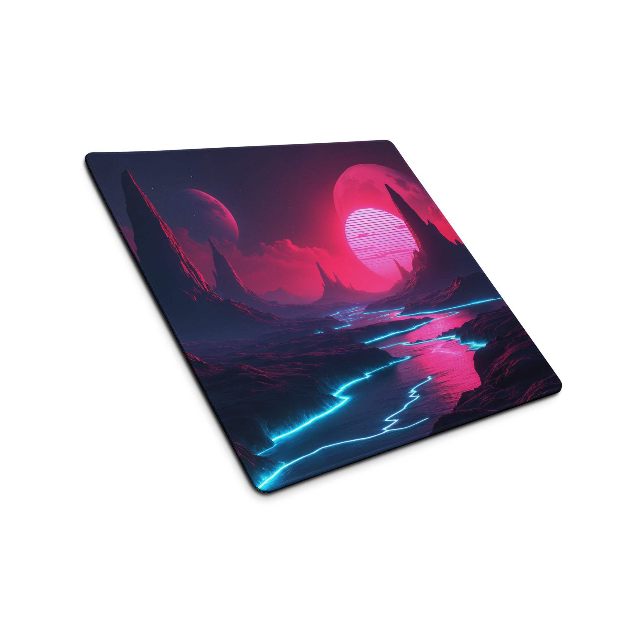 Neon sci-fi landscape large gaming mouse pad, cyberpunk pink blue view
