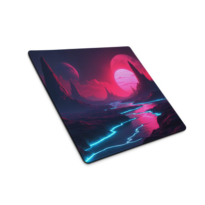 Neon sci-fi landscape large gaming mouse pad, cyberpunk pink blue view
