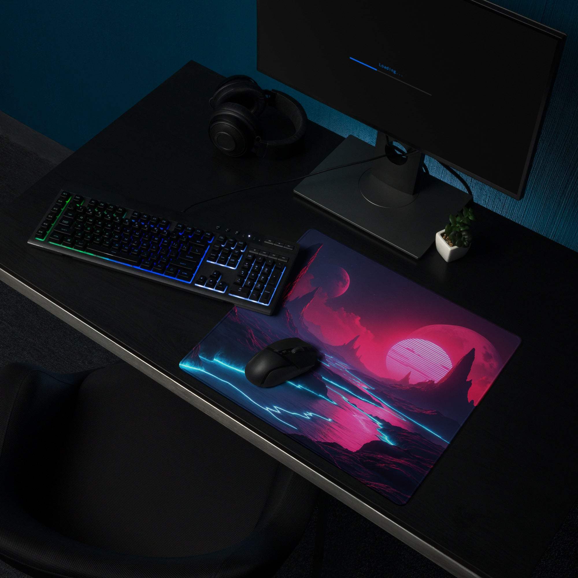Vibrant neon pink blue cyberpunk mousepad with glowing sci-fi landscape, large non-slip stitched gaming pad