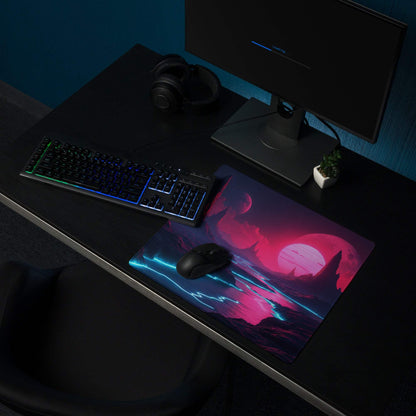 Vibrant neon pink blue cyberpunk mousepad with glowing sci-fi landscape, large non-slip stitched gaming pad