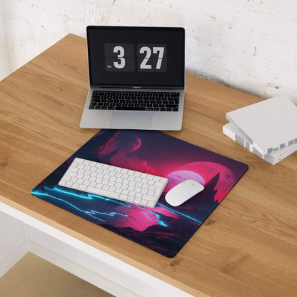 Vibrant neon pink blue cyberpunk mousepad with glowing moon, large non-slip stitched gaming setup