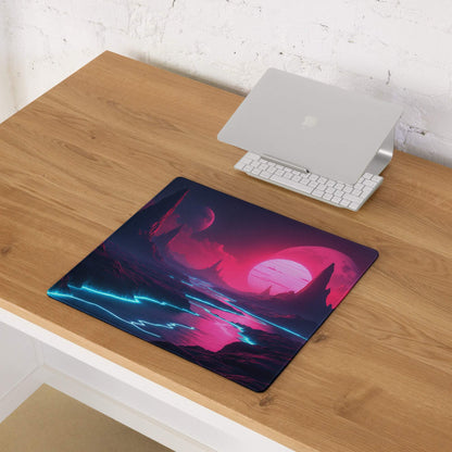 Large neon sci-fi landscape gaming mouse pad with non-slip base and edge stitching