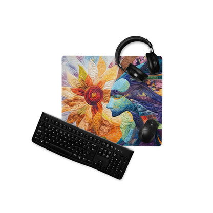Vibrant multicolor quilted patchwork face sunflower gaming mouse pad