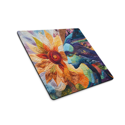 Quilted patchwork abstract face with large sunflower vibrant multicolor gaming mouse pad