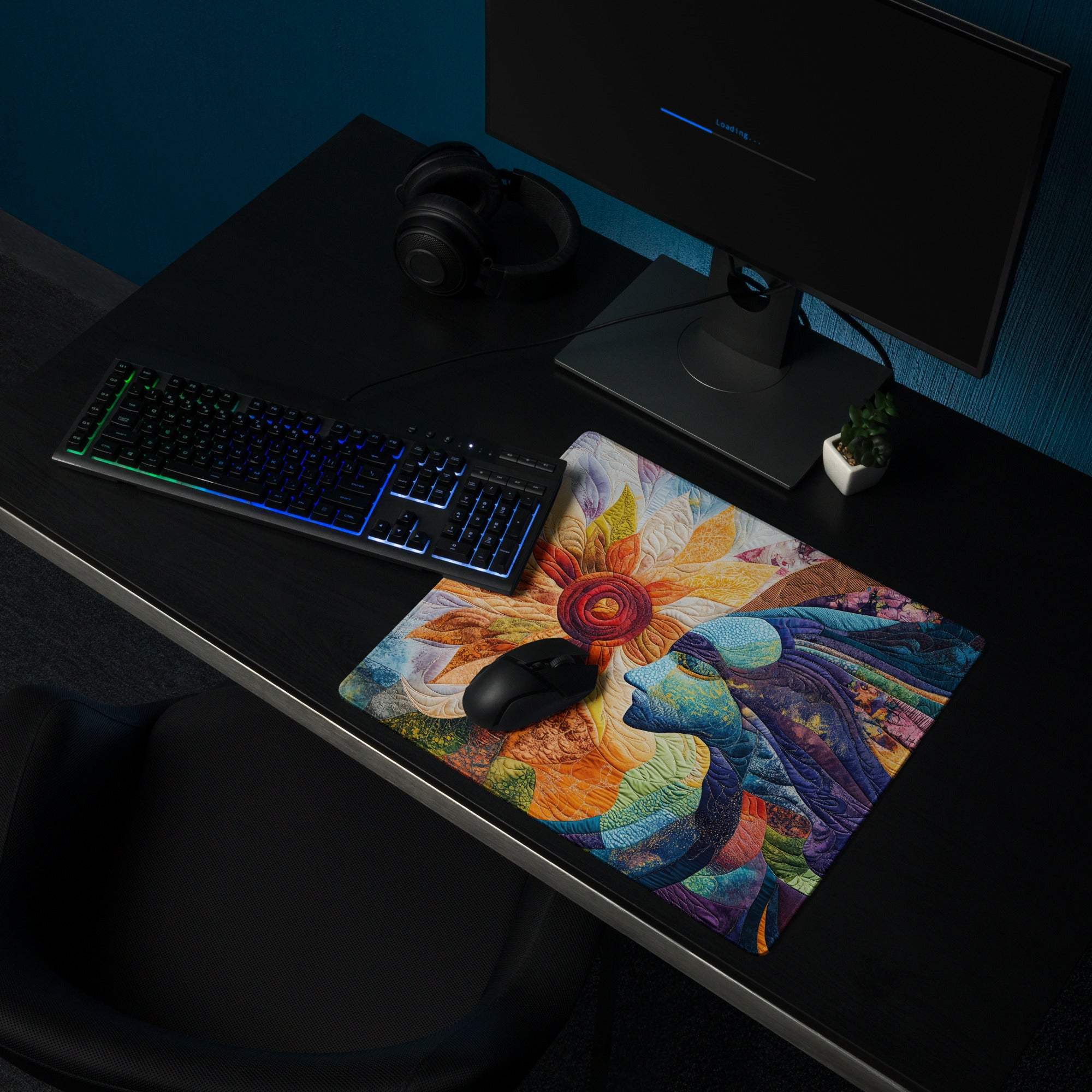 Vibrant quilted patchwork abstract face with large sunflower multicolor gaming mouse pad