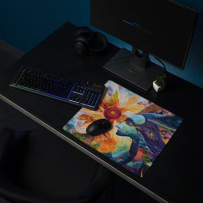 Vibrant quilted patchwork abstract face with large sunflower multicolor gaming mouse pad
