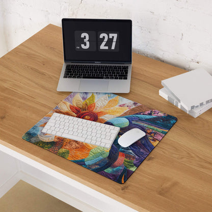 Vibrant multicolored quilted patchwork sunflower face gaming mouse pad