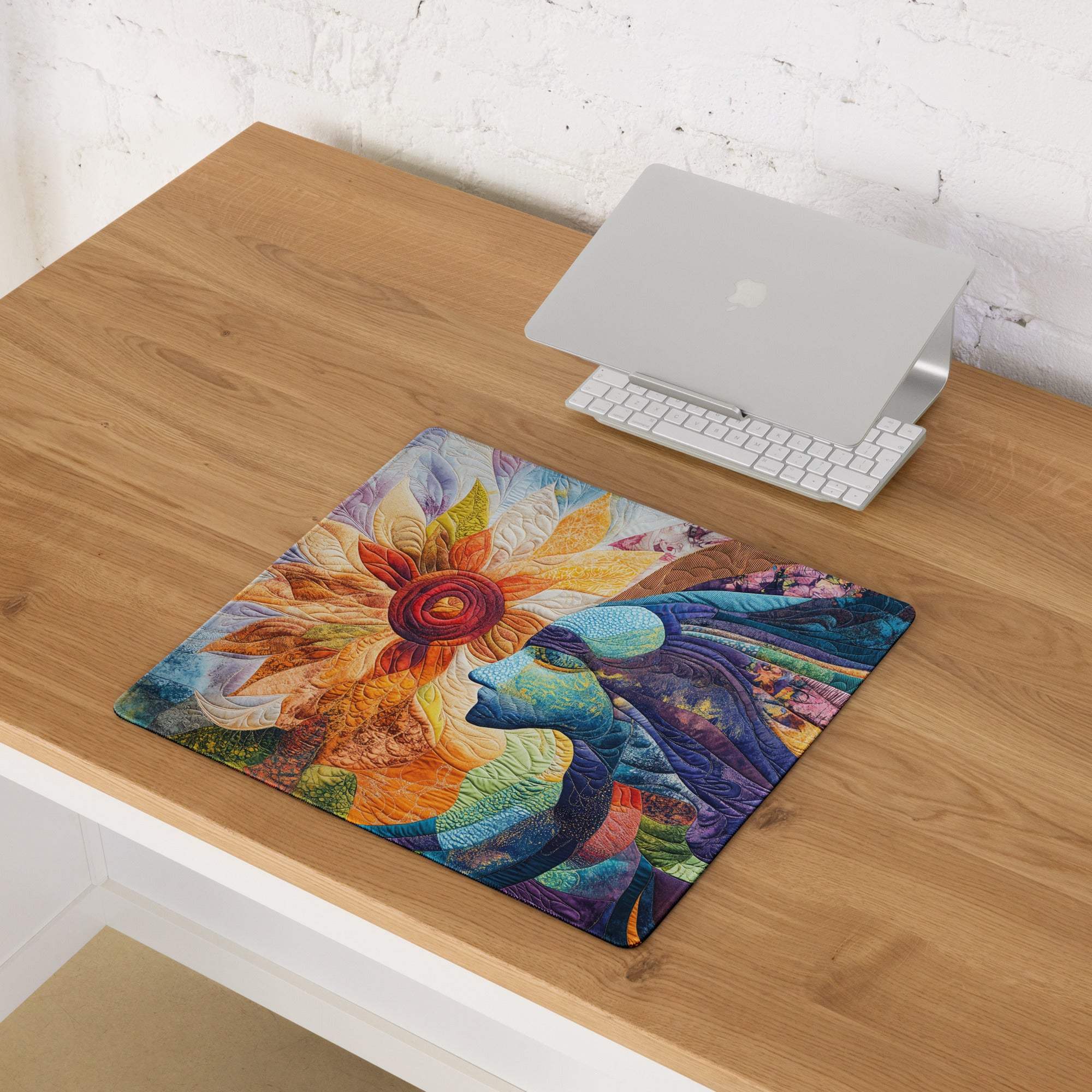 Vibrant quilted gaming mouse pad with abstract patchwork face and large sunflower