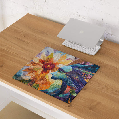 Vibrant quilted gaming mouse pad with abstract patchwork face and large sunflower